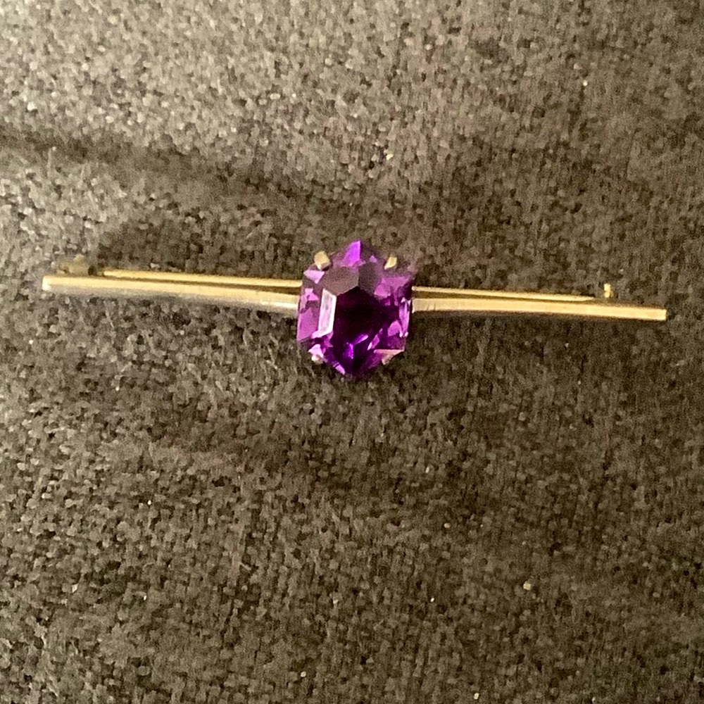 ANTIQUE silver bar pin brooch with large amethyst
